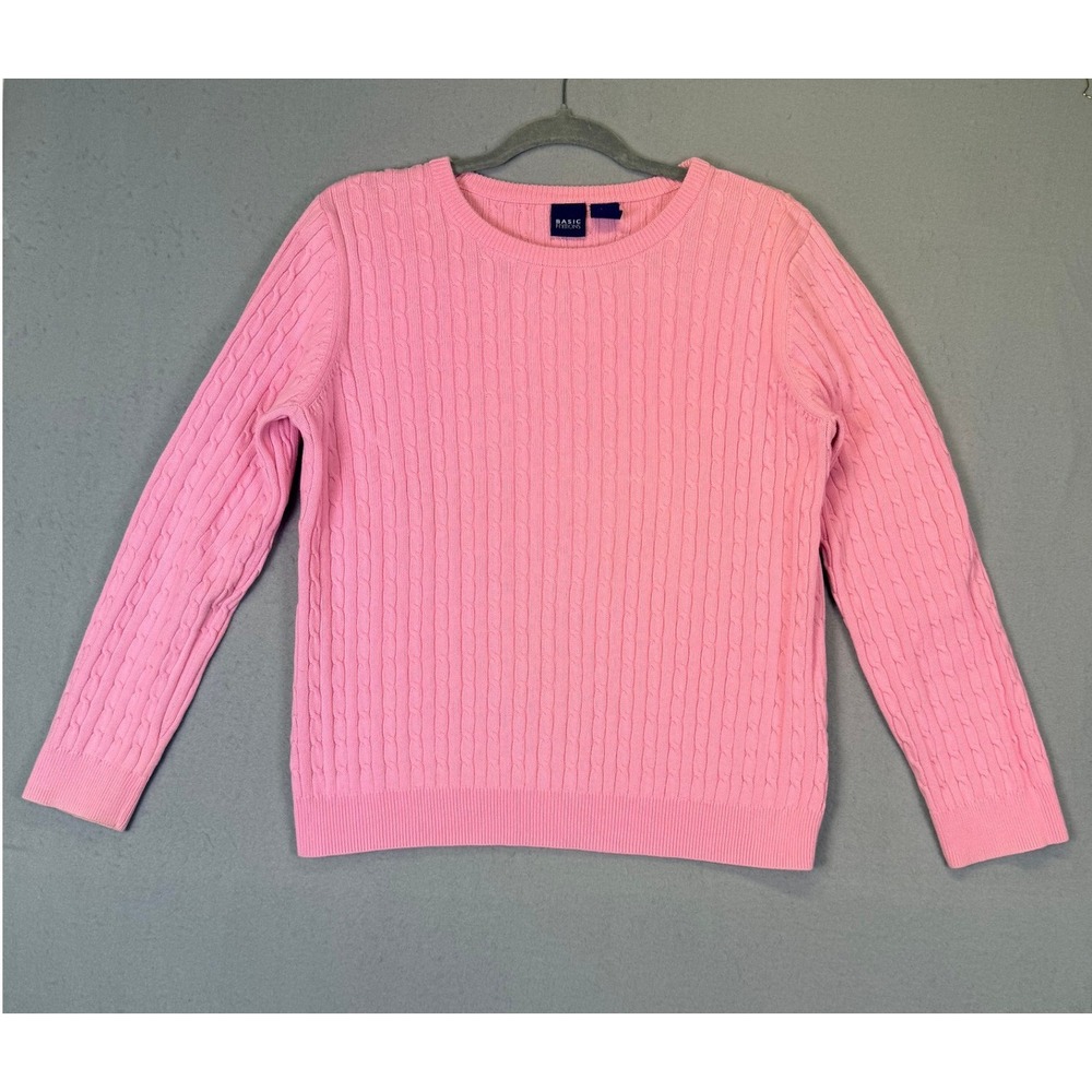 Pink Cable Knit Cotton Crew Neck Sweater Wmns‎ L Preppy Barbiecore Cottagecore